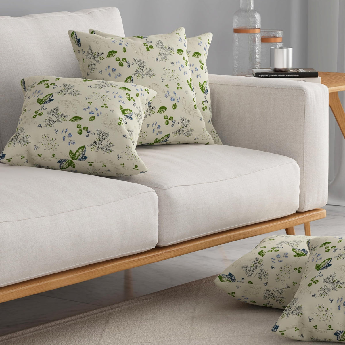 HUESLAND Premium Cotton Cushion Cover 12 inch x 12 inch | Decorative Square Throw Pillow Covers Set for Sofa, Living Room & Bedroom | Set of 5 | Green Leaf Floral
