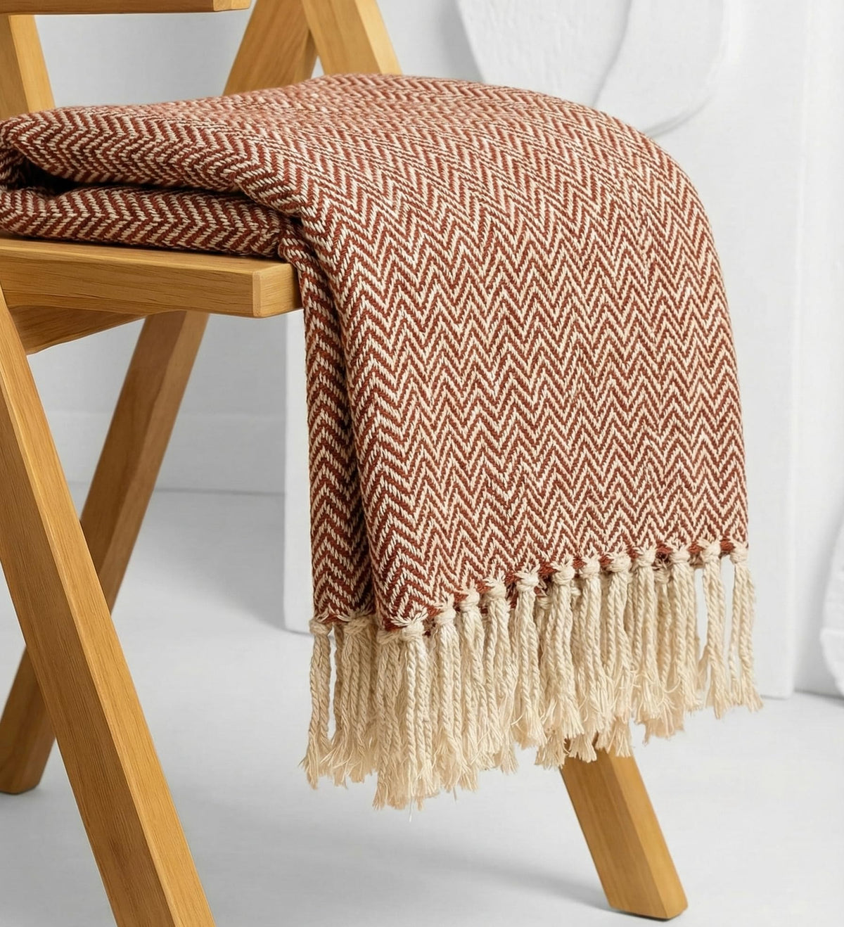 KNIT VIBES Cotton Weave Boho Sofa Throw Blanket 50x60 Inches or 125x150 cms Lightweight, Soft & Breathable Couch, Bed or Chair Throw Blanket for Living or Bedroom, Zigzag Rust Kafalo