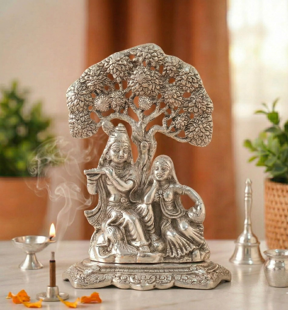 KridayKraft Metal Radha Krishna Idol with Under Tree Decorative Showpiece Statue for Puja Room Home Office Desk Gift Items Ornate Metal Sculpture of Hindu Deities, 18 cm Height Silver