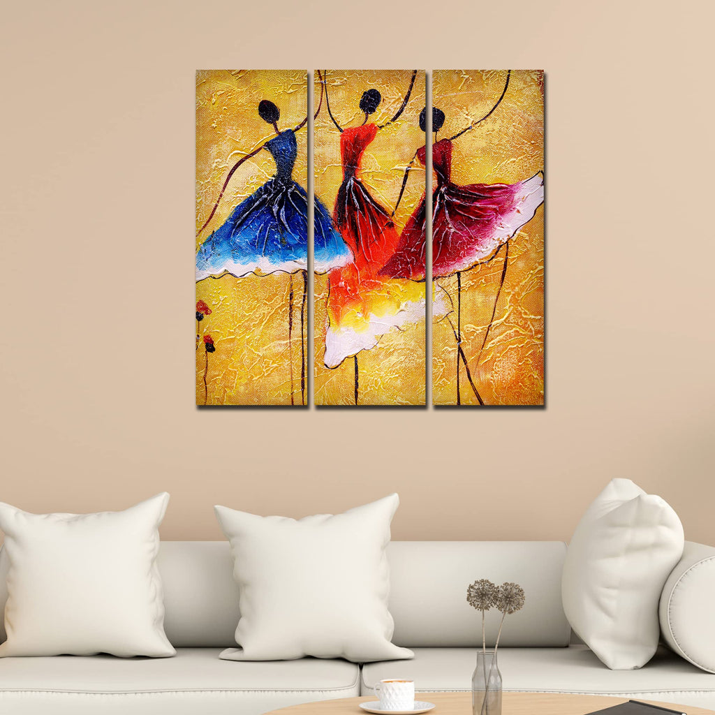 VIBECRAFTS Dancing Women Warli Art 3 Pieces Canvas Wall Painting Fitted With Wooden Frame For Home | Office | Living Room | Gifts (PTVC3Pcs1_9524)