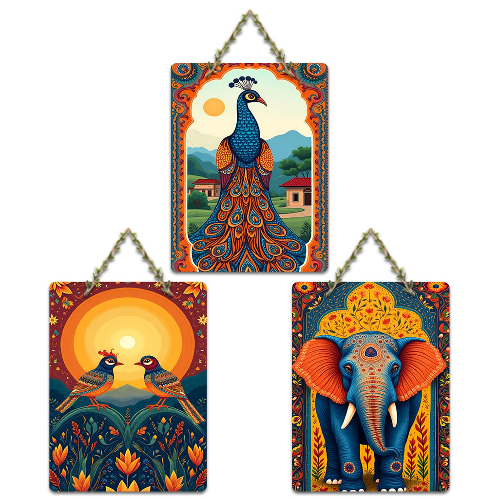 Artvibes Elephant Birds And Peacock Aesthetic Modern Art Decorative Wall Art MDF Wooden Wall Hanger for Home | Home Decor | Wall Accent | Wall Illustrations | Ideal Gifts (WH_9640N), Set of 3