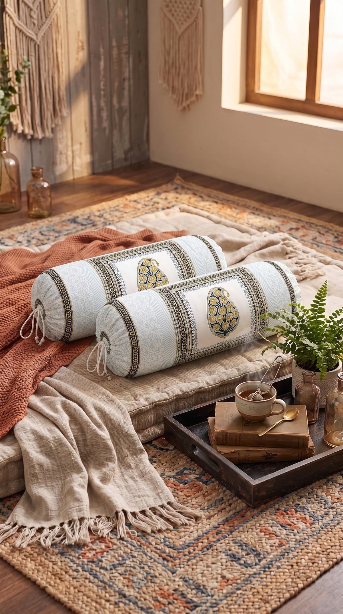 BLOCKS OF INDIA Cotton Hand Block Printed Bolster Cover | Booster Cover with Drawstring | Round Long Pillow Cover for Bed | Dewan Pillow Cover Set 16 X 32 | Set of 2 (Color 45)