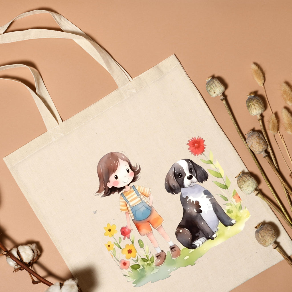 Metsi Canvas Tote Bag - Zipper Pocket With Girl and Puppy Print for Women 13x15 Inch, Eco-Friendly Multi-Purpose Cotton Tote Bag for Shopping, School, Beach, Groceries DIY Painting Gift Use - Design 2