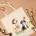 Metsi Canvas Tote Bag - Zipper Pocket With Girl and Puppy Print for Women 13x15 Inch, Eco-Friendly Multi-Purpose Cotton Tote Bag for Shopping, School, Beach, Groceries DIY Painting Gift Use - Design 2