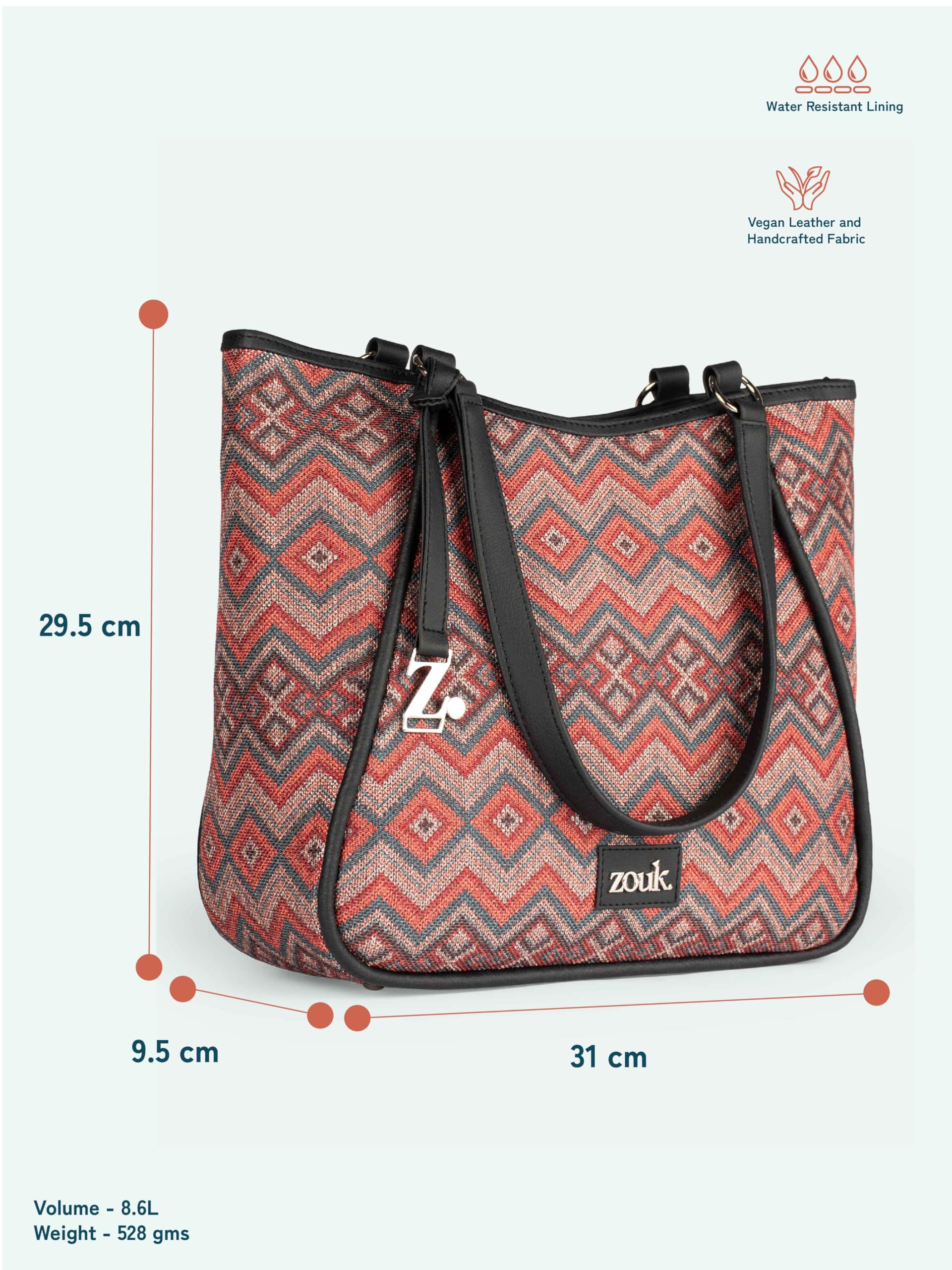 ZOUK Rhea Kapoor Naisha Tote Bag | Big Size Stylish Purse | handbag with Zipper & Compartments | Premium Office & Travel Tote | Casual & Daily Use | Gwalior Weaves