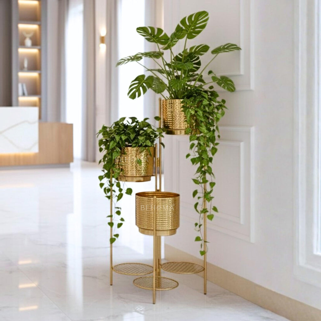 BEHOMA Gold Metal 3-Tier Floor Planters with Stand, Living Room