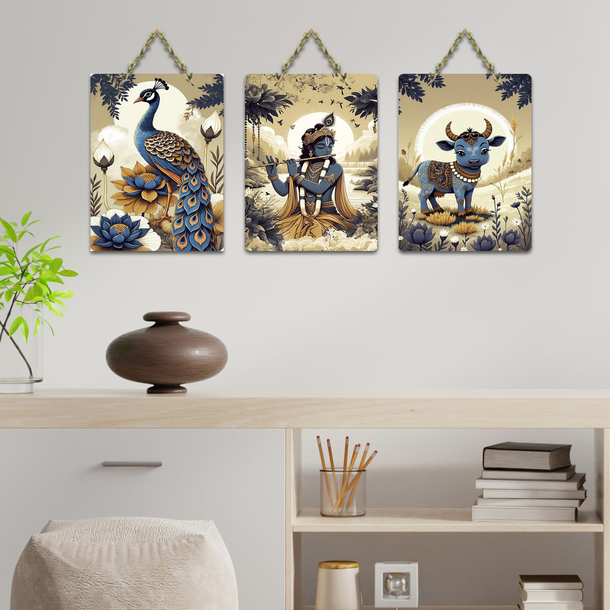 Artvibes Divine Shri Krishna Wall Art Set With Peacock And Cow Home Wooden Wall Hanger for Home | Spiritual Decor Items | Wall Illustrations | Artwork | Painting | Gift Items (WH_9627N), Set of 3