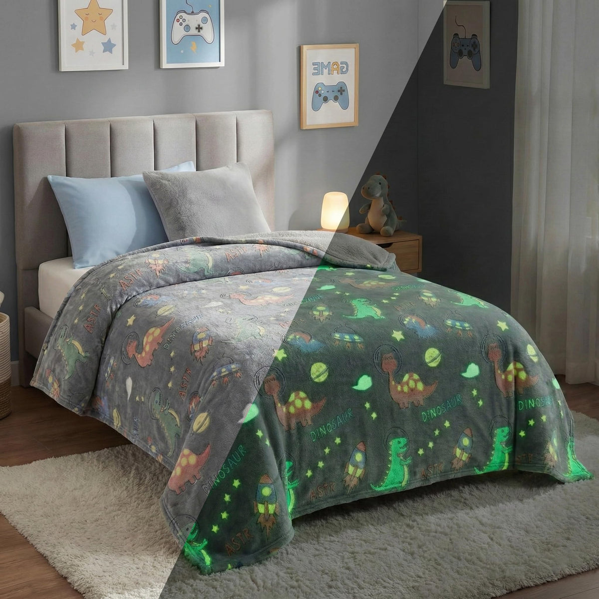 BSB HOME Glow in The Dark Kids Blanket Single Bed Size, Soft Fleece Luminous Bed Throw, Cozy Lightweight Blanket for Boys & Girls (60 x 90 in / 152 x 229 cm) (Dinosaur Theme - Jet Grey) Kafalo