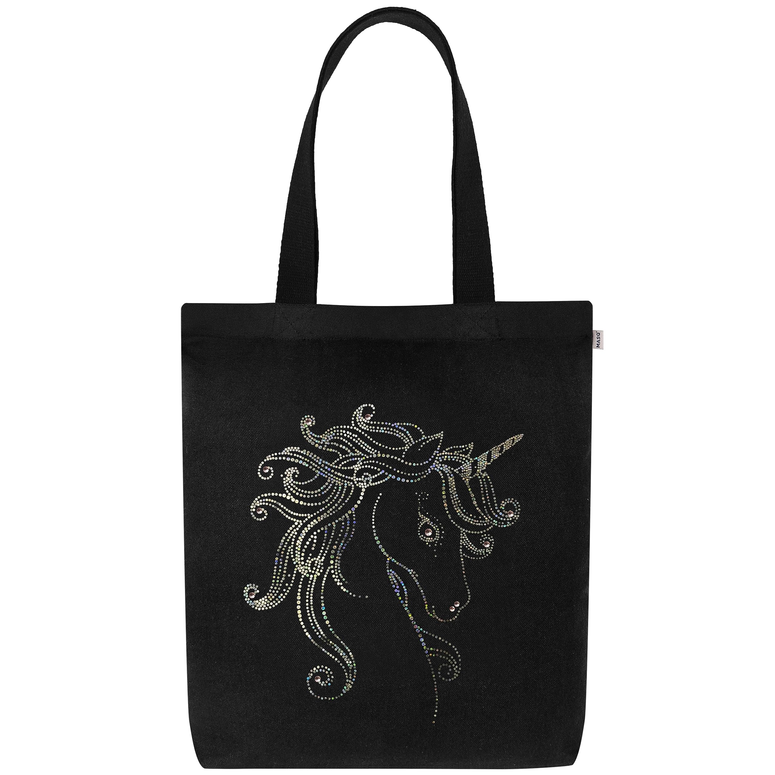 MASQ By Q-One Canvas Unicorn Embroidered Utility Tote Bags For Women With Zip, College Bag For Girls, 100% Organic Cotton Tote Bag For Traveling & Daily Use