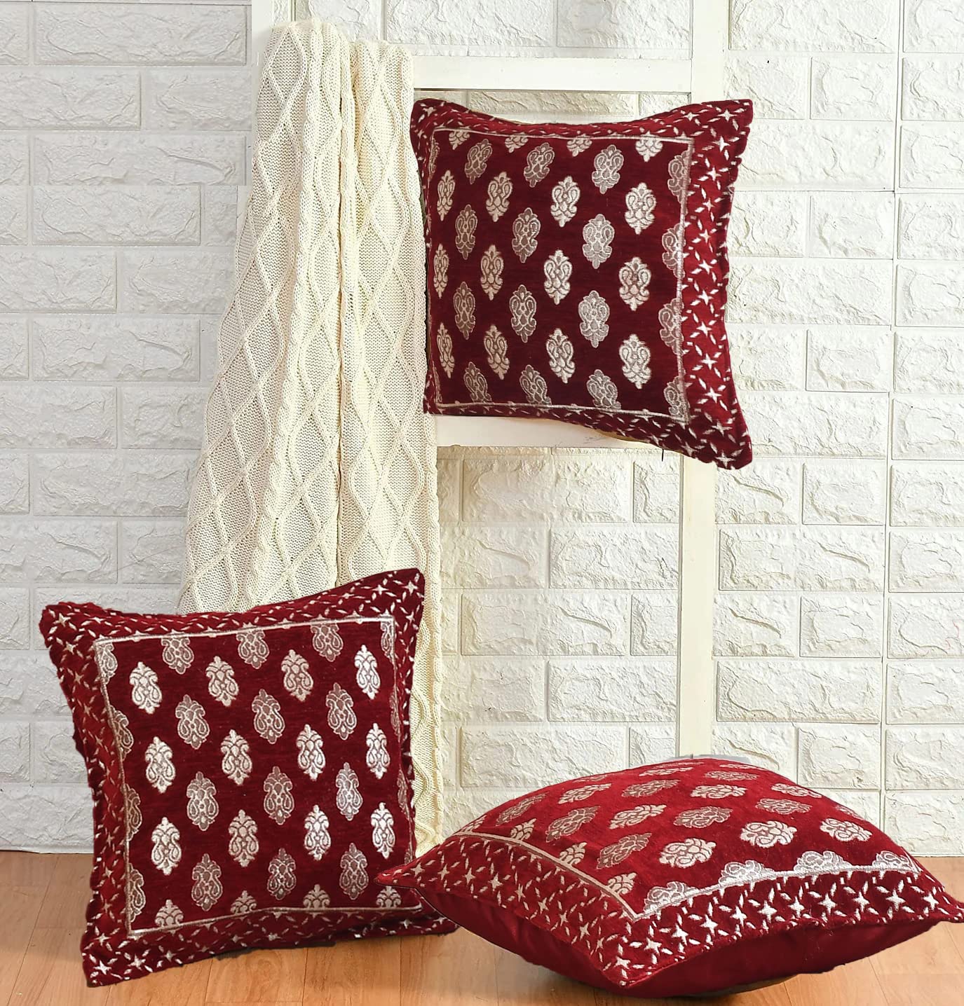 DECOMIZER Jacquard Geomteric Cushion Covers 16 Inch X 16 Inch Set Of 3 Ethnic Motifs Cushion Covers,Design- Ambi,Color- Maroon, 240 TC