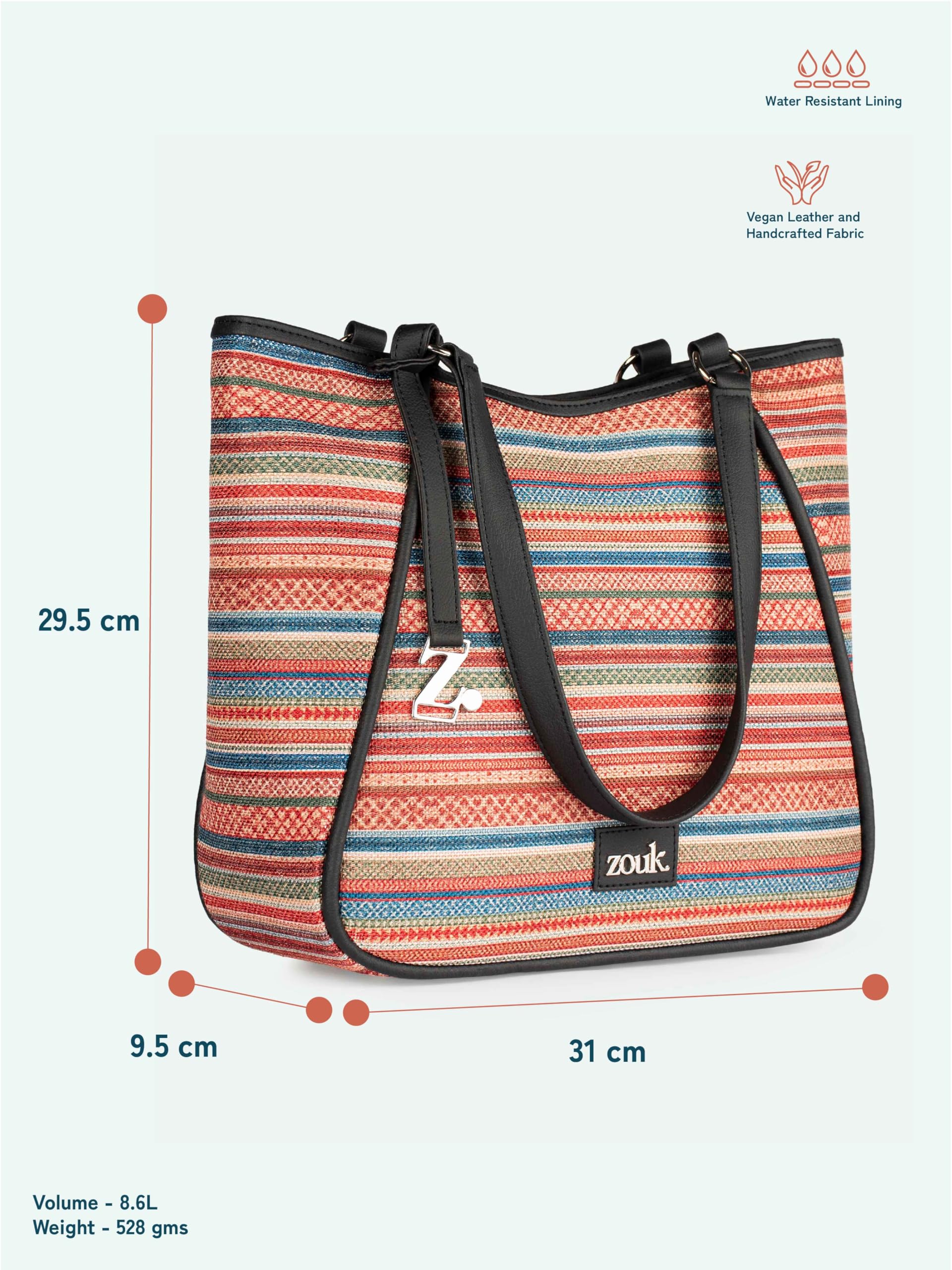 ZOUK Naisha Multicolor Stripes Tote Bag for Women | Vegan Leather Large Shoulder Handbag with Bottle Holder, Multiple Pockets & Water-Resistant Lining | Office, Travel & Daily Use | Assam Tapestry