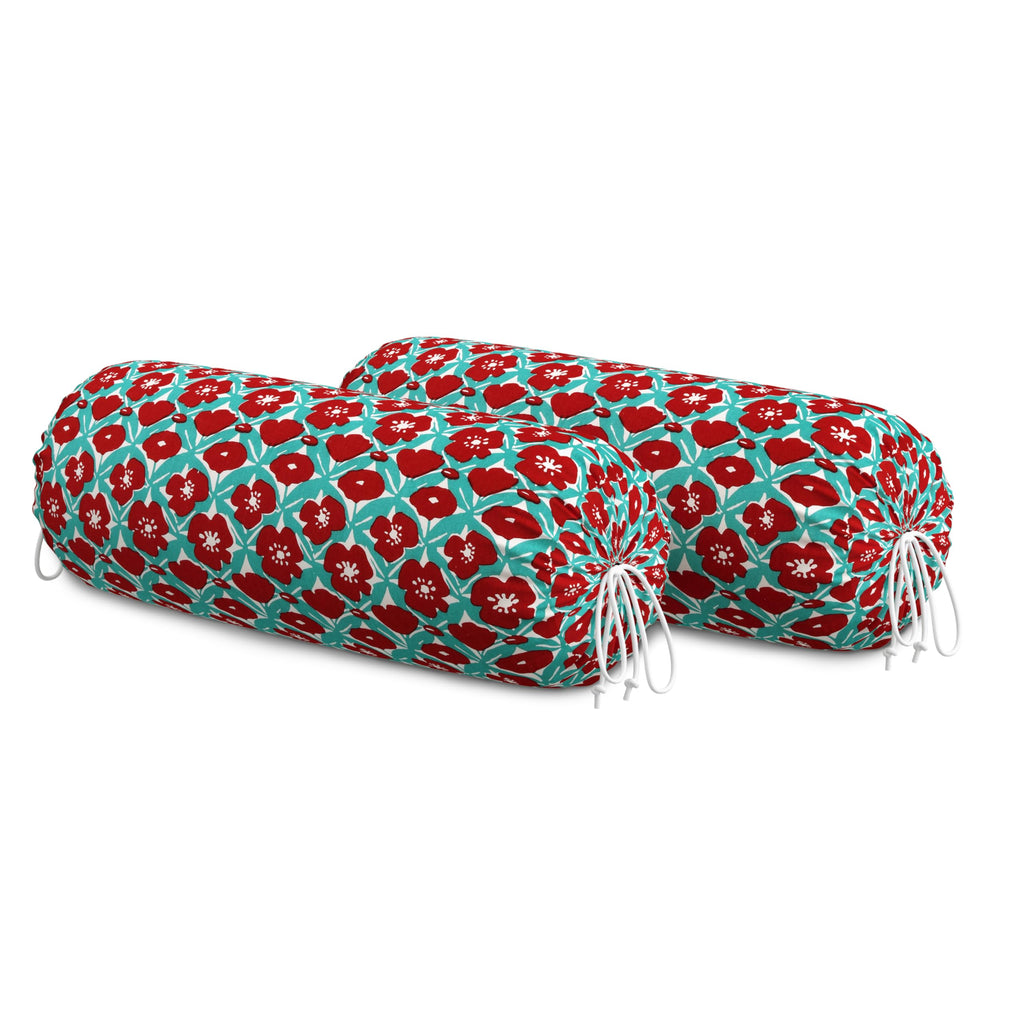 BLOCKS OF INDIA Cotton Hand Block Printed Bolster Cover | Booster Cover with Drawstring | Round Long Pillow Cover for Bed | Dewan Pillow Cover Set 16 X 32 | Set of 2 (Turq Flower)