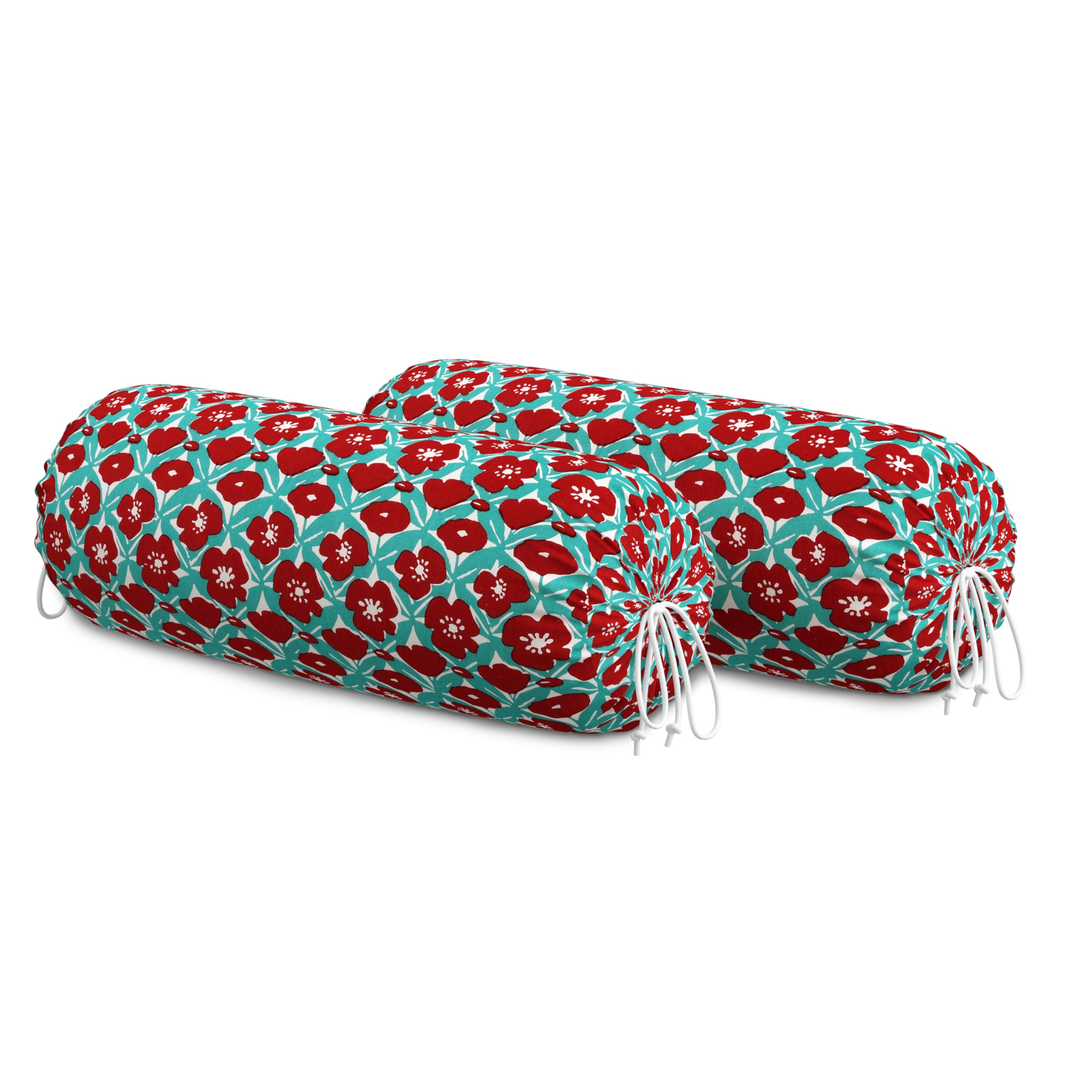 BLOCKS OF INDIA Cotton Hand Block Printed Bolster Cover | Booster Cover with Drawstring | Round Long Pillow Cover for Bed | Dewan Pillow Cover Set 16 X 32 | Set of 2 (Turq Flower)
