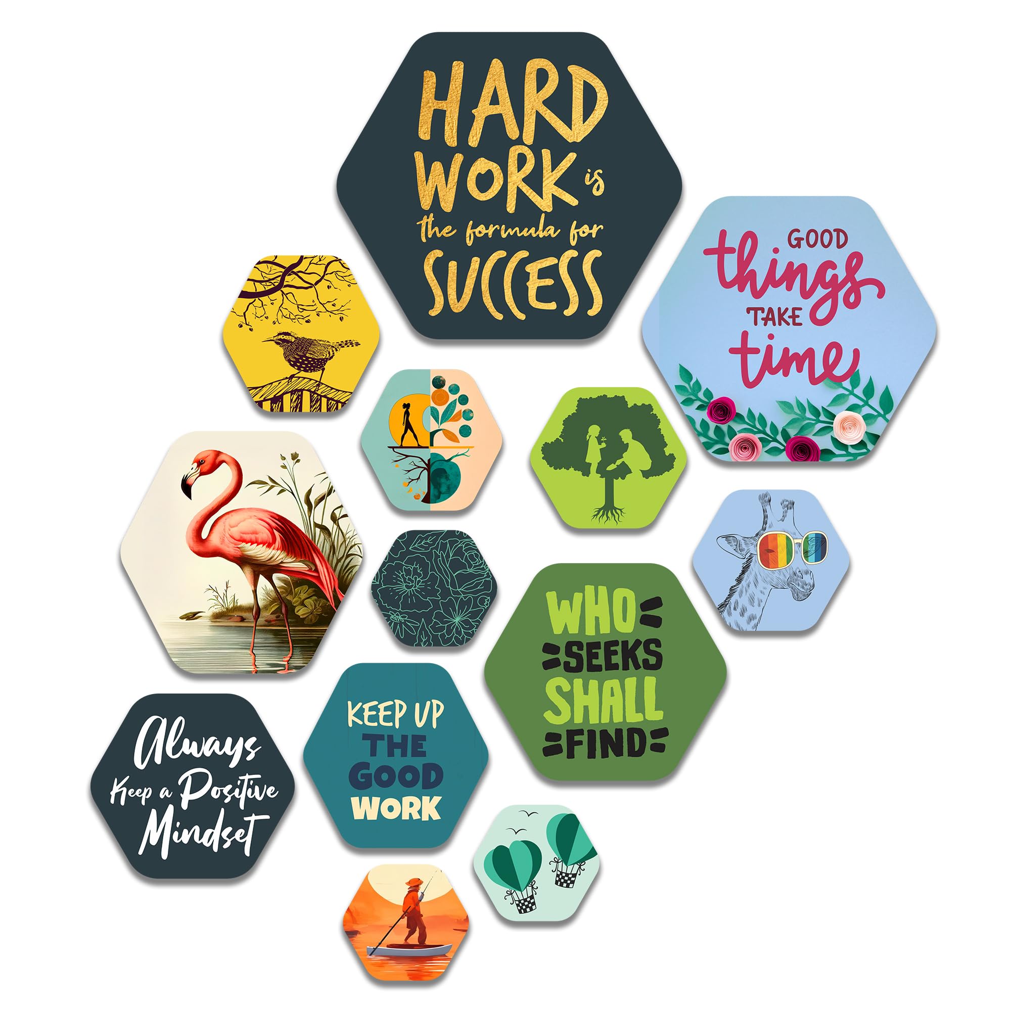 Artvibes Work Hard Hexagon Shape MDF Wooden Wall Decor Items | Quotes Decor Item | Motivational Wall Decor | Wall Poster | Graphic Art | Gift Items | Office Wall Decoration Items (WPS_211N), Set of 13