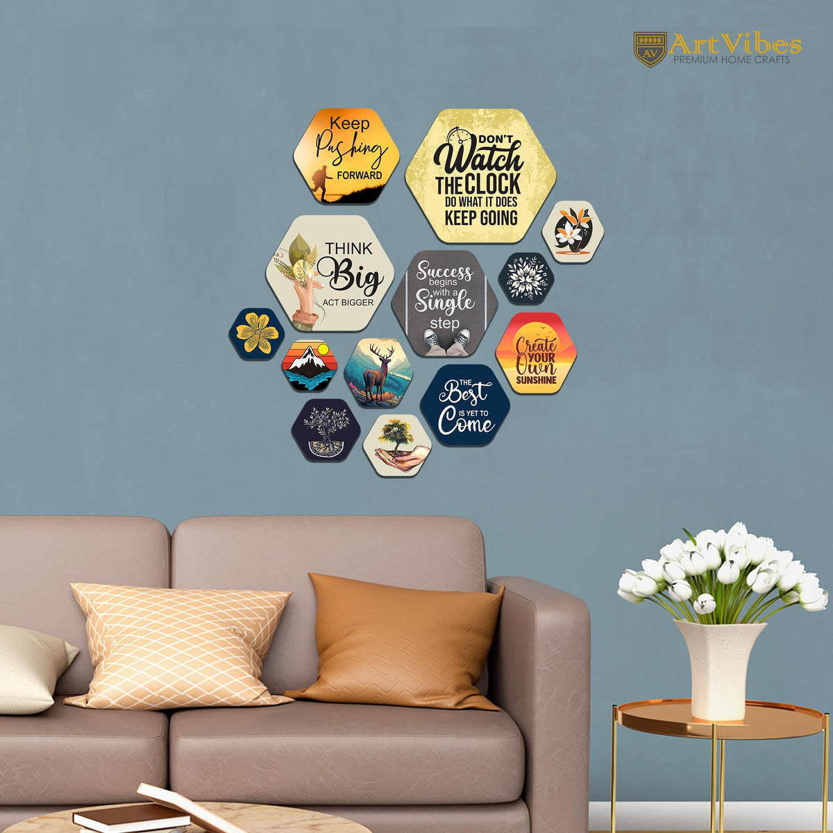 Artvibes Think Big Hexagon Shape MDF Wooden Wall Decor Items | Quotes Decor Item | Motivational Wall Decor | Wall Accent | Graphic Art | Gift Items | Office Wall Decoration Items (WPS_222N), Set of 13
