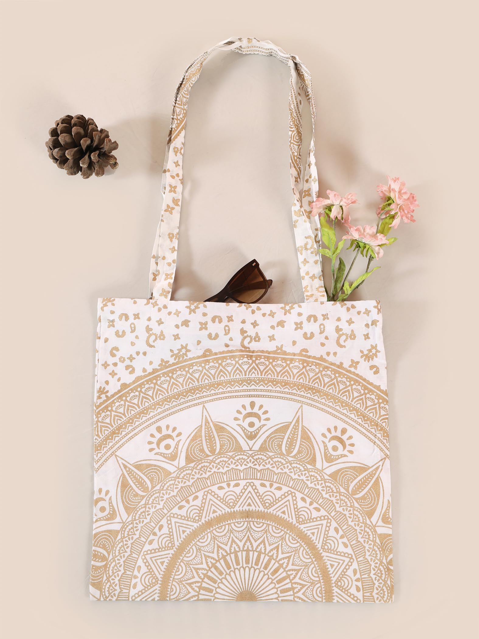 Ravaiyaa - Attitude is everything Cotton Shoulder Bag/Tote Bag For Women| Printed Multipurpose Handbag With Top Zip | Best For Shopping, Travel, Work, Beach, Office, College (White Gold Ombre Mandala)