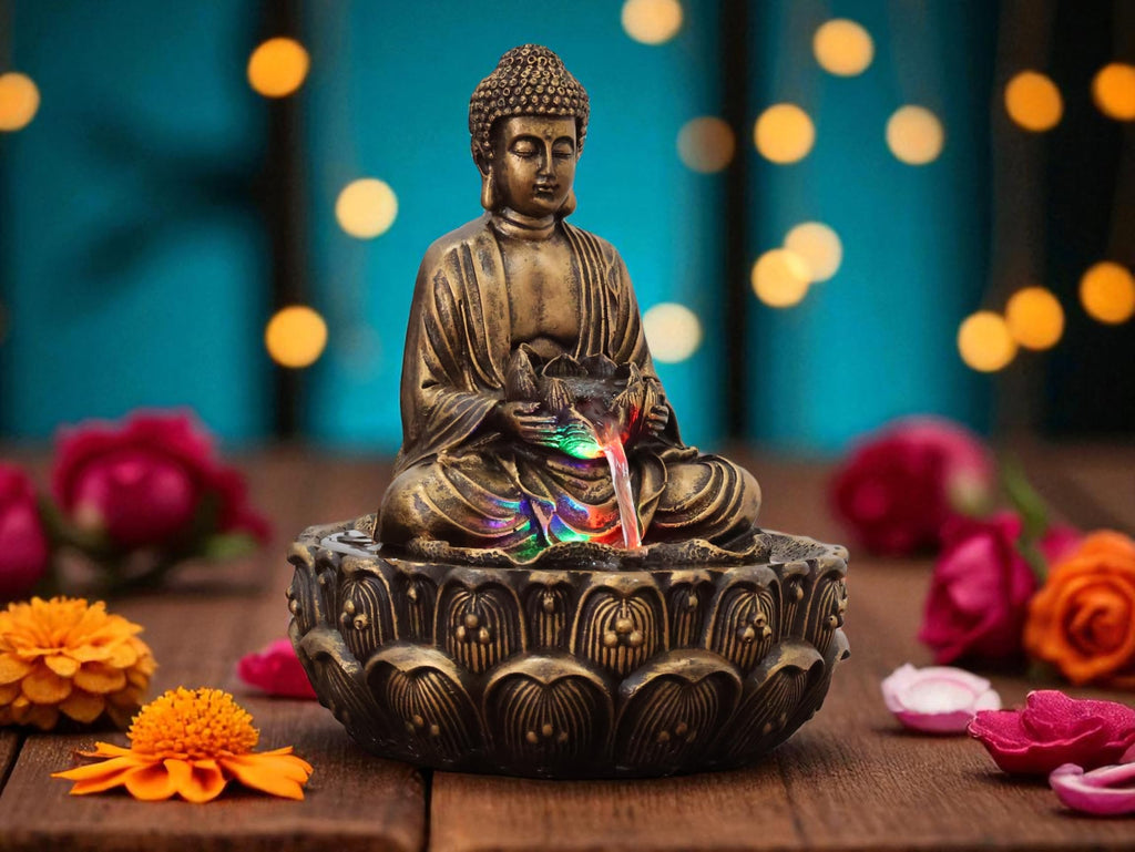KridayKraft Meditating Buddha Water Fountain Idol Polyresin Lotus Water Fountain Showpiece for Home Garden Living Room Decor Decoration Gift Items,