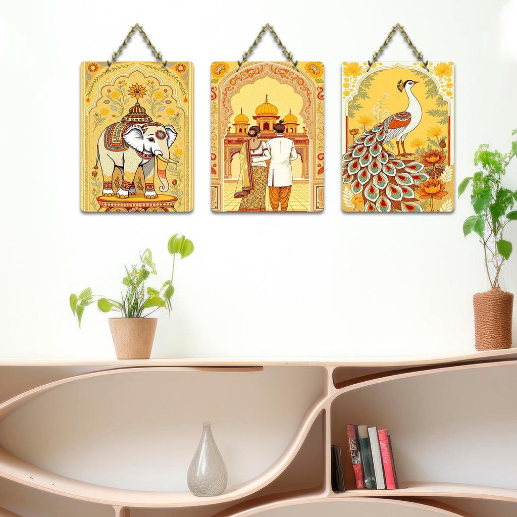 Artvibes Royal Rajasthan Wall Art Home Decorative Wall Art MDF Wooden Wall Hanger for Living Room | Festive Decor Art | Wall Sculpture | Aesthetic Wooden Decor | Unique Gift Item (WH_9641N), Set of 3