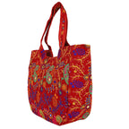 Craft Trade Women's Cotton Tote Bags with Zip 36x30x12 Cm Embriodery Mirror Work Leaf Print Shopping Handbag - Red
