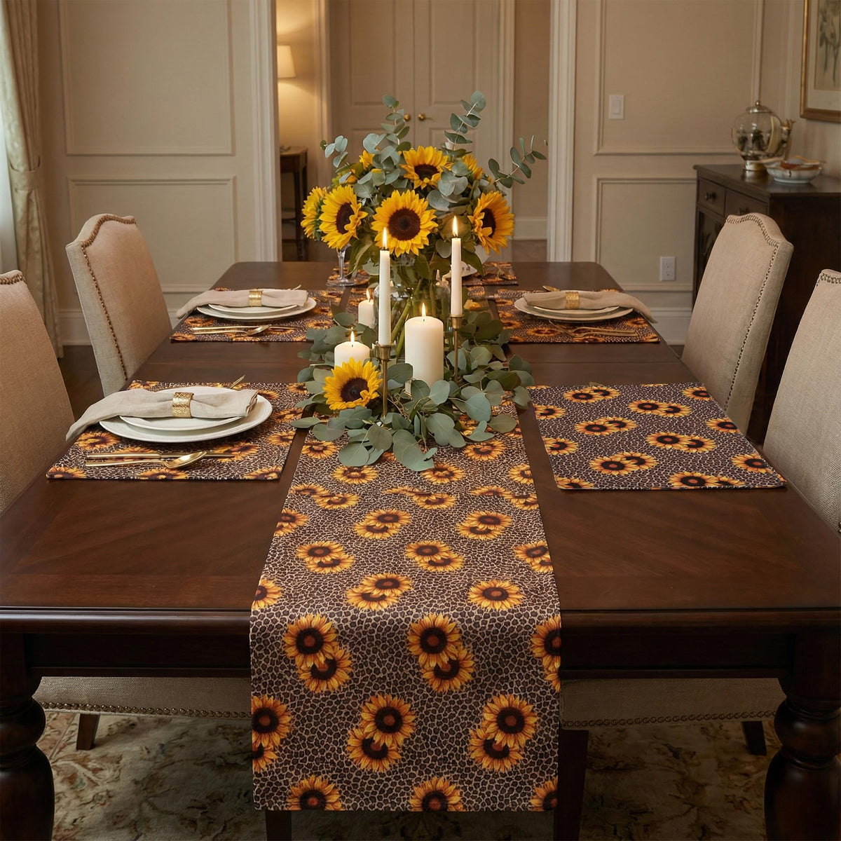PRAKARTIK BY INDUARTS Dining Table Mats Set of 4 with 135 cm Runner - Sunflower Animal Print Theme,Digital Print, Washable, Indoor/Outdoor, Heat-Proof, Wipe & Clean (47X33 cm) Yellow & Brown Kafalo