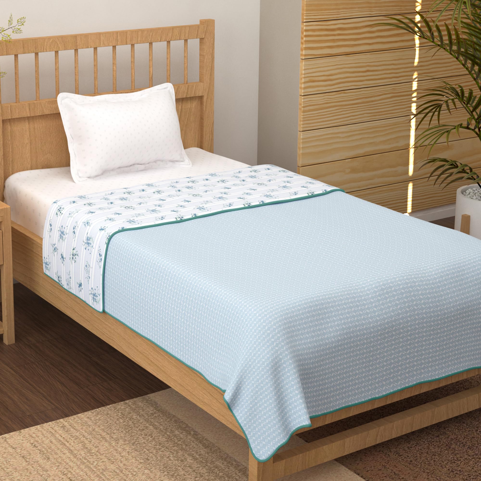 Story@Home Dohar Single Bed 100% Cotton AC Blanket for Summer | 144x 220CM, 150GSM Ac Comforter and AC Blanket for Summer | Light Blue & White Floral Reversible Duvet Quilt All-Season Blanket Kafalo