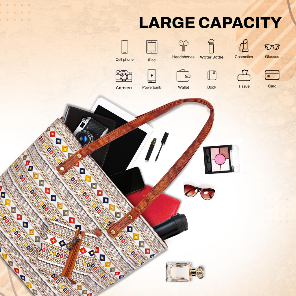 Storite Women's Tote Bag with Leather Handles & Embroidery Printed Handbag with Zip Pockets, Shoulder Tote Bag and Handbag for Office and College (Geometric Ethnic Stripe)