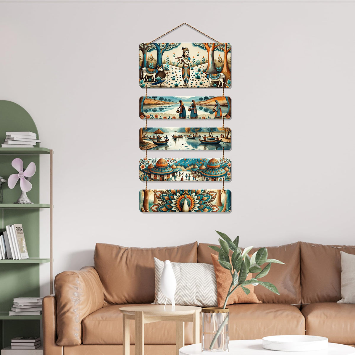 Artvibes Shri Krishna & Rural Life Wall Hanging Home Decorative Wall Art for Living room | Spiritual Decor Items | Wall Sculpture | Signs & Plaques | Artwork | Painting | Gift Items (WH_6715N)