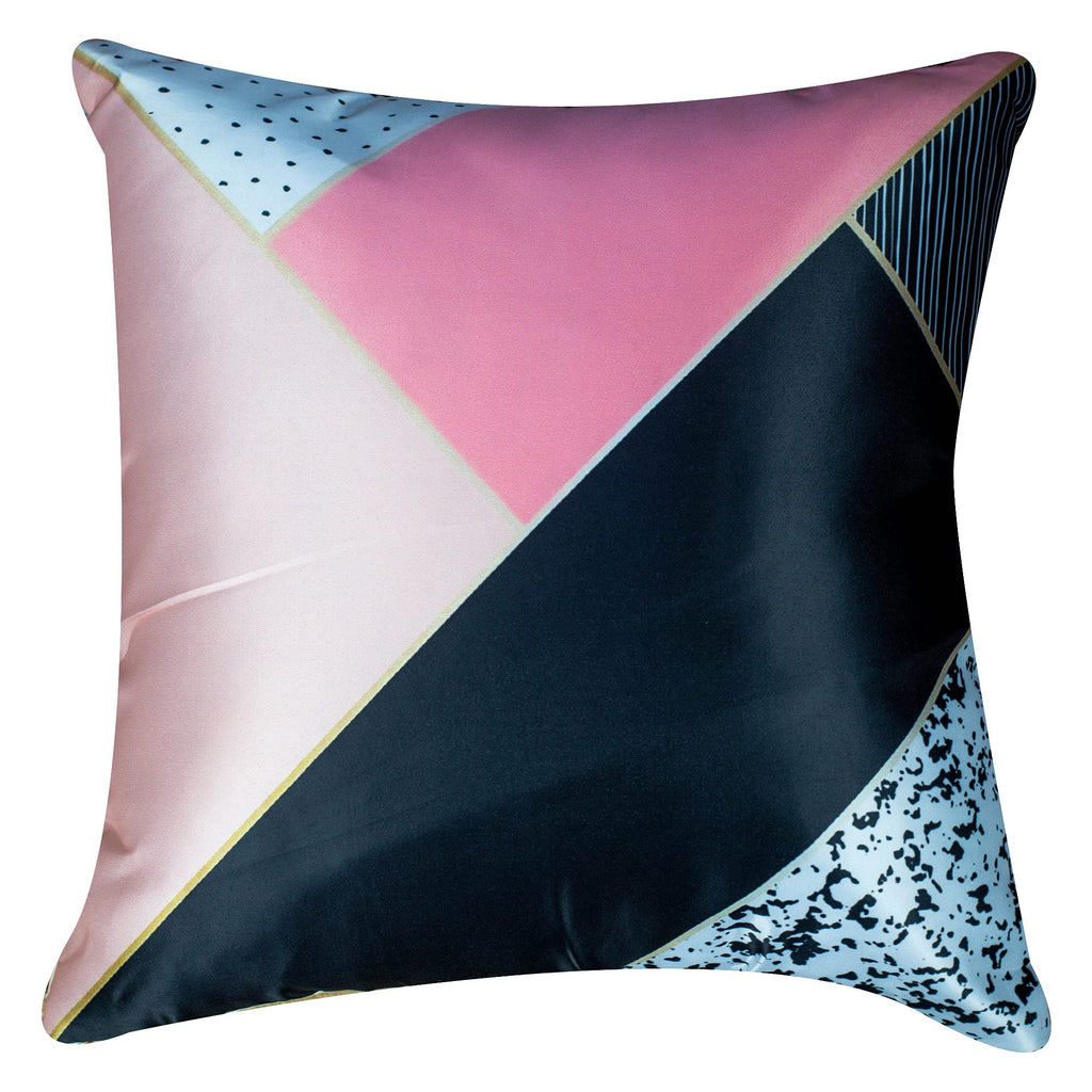 Vendola Decorative Satin Sofa Cushion Covers Set of 5, 20 inch x 20 inch, Sofa Pillow Cover, Black and Pink, Geometrical Design, Zipper Closure (Bellarina, 20X20 Inches)