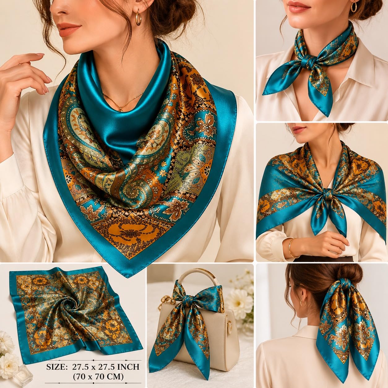 Etietnic Satin Square Head Scarf for Women,LOCAL BLUE Printed