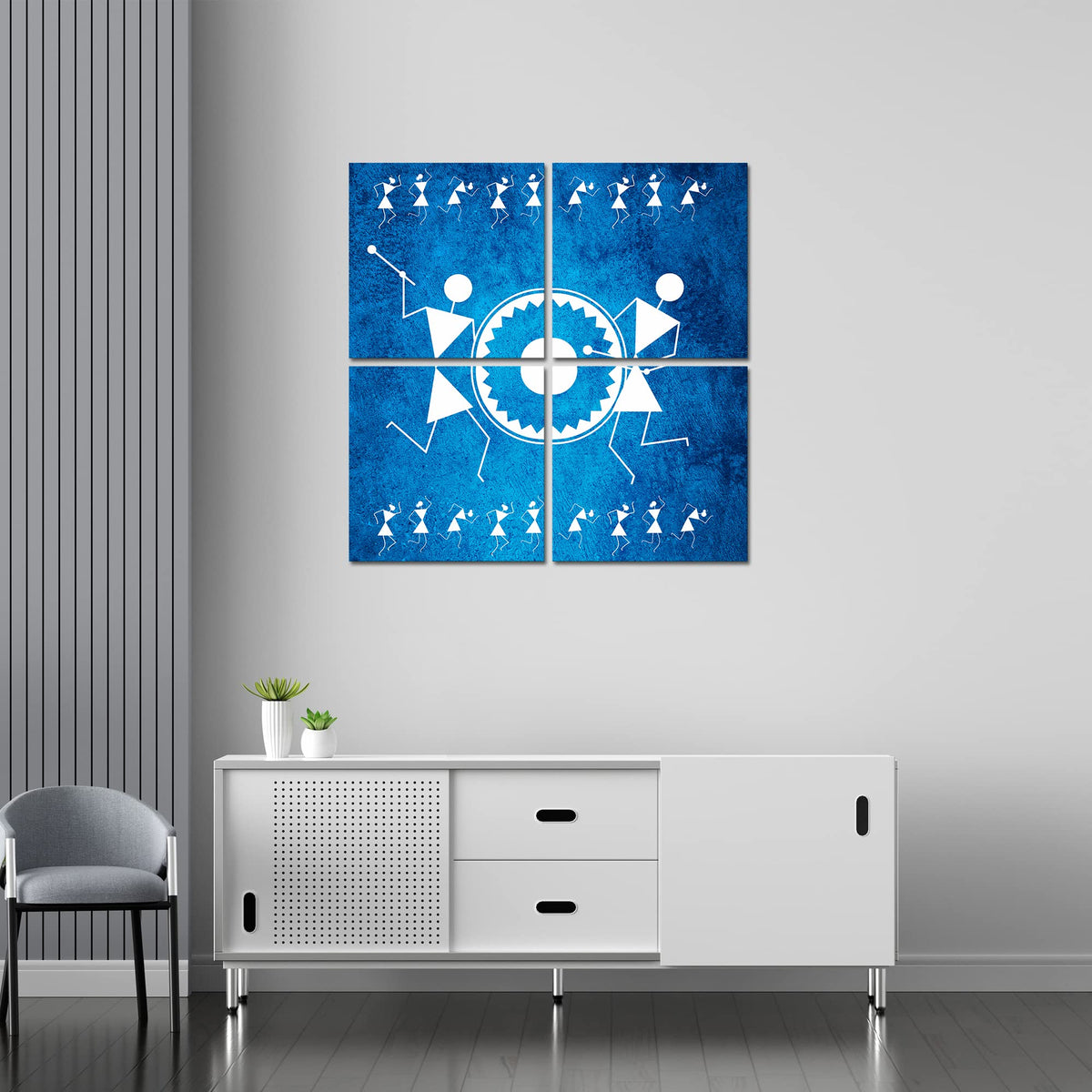 VIBECRAFTS Indian Tribal Warli Art 4 Pieces Canvas Wall Hanging Painting Fitted With Wooden Frame For Home | Office | Living Room | Gifts (PTVC4Pcs5_16604)