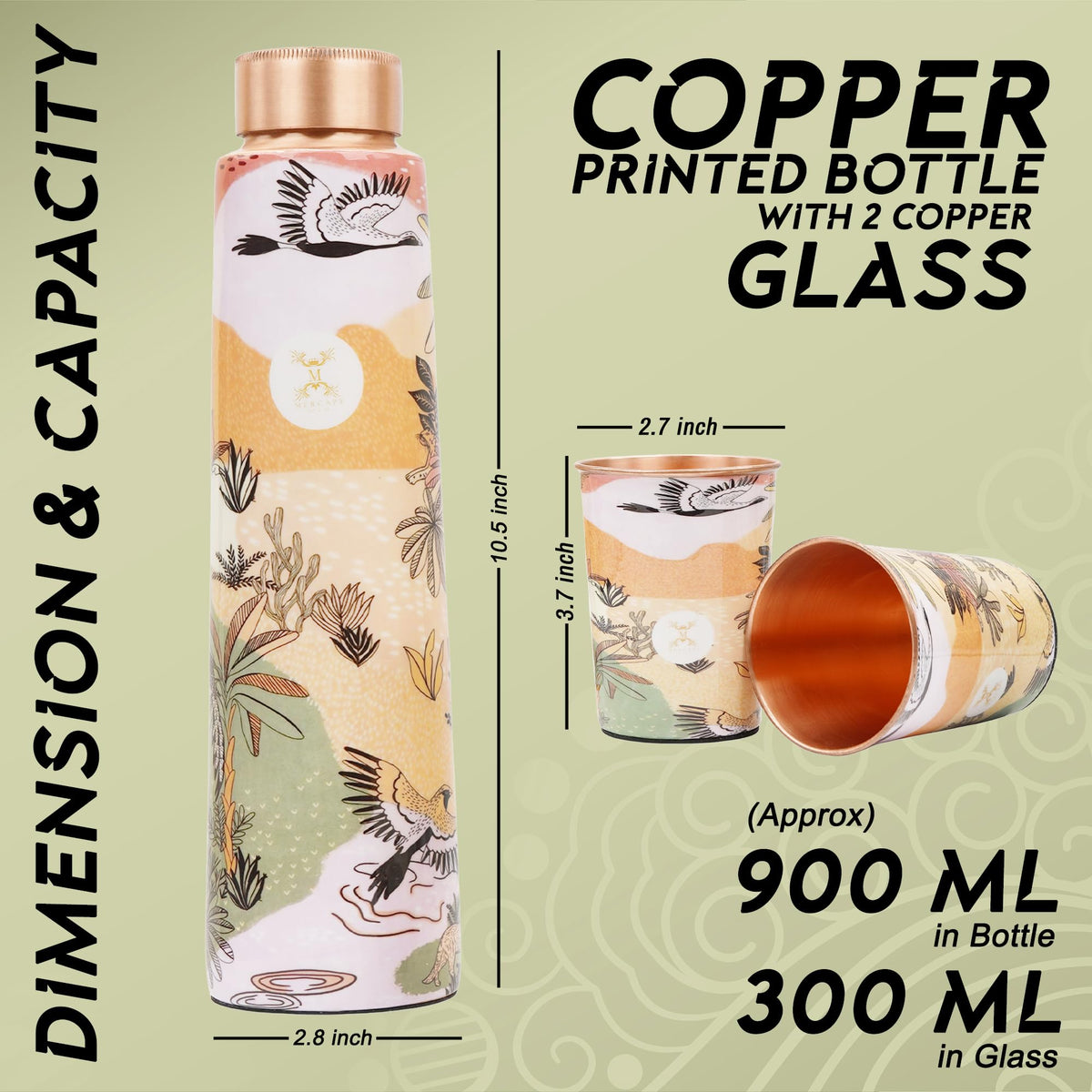 MERCAPE® Meena Print Pure Copper Water Bottle Gift Set with 2 Copper Glasses (300 ml Each) | Leak Resistant Copper Bottle | Decorative Printed Design | Reusable Metal Drinkware Set | 900 ml