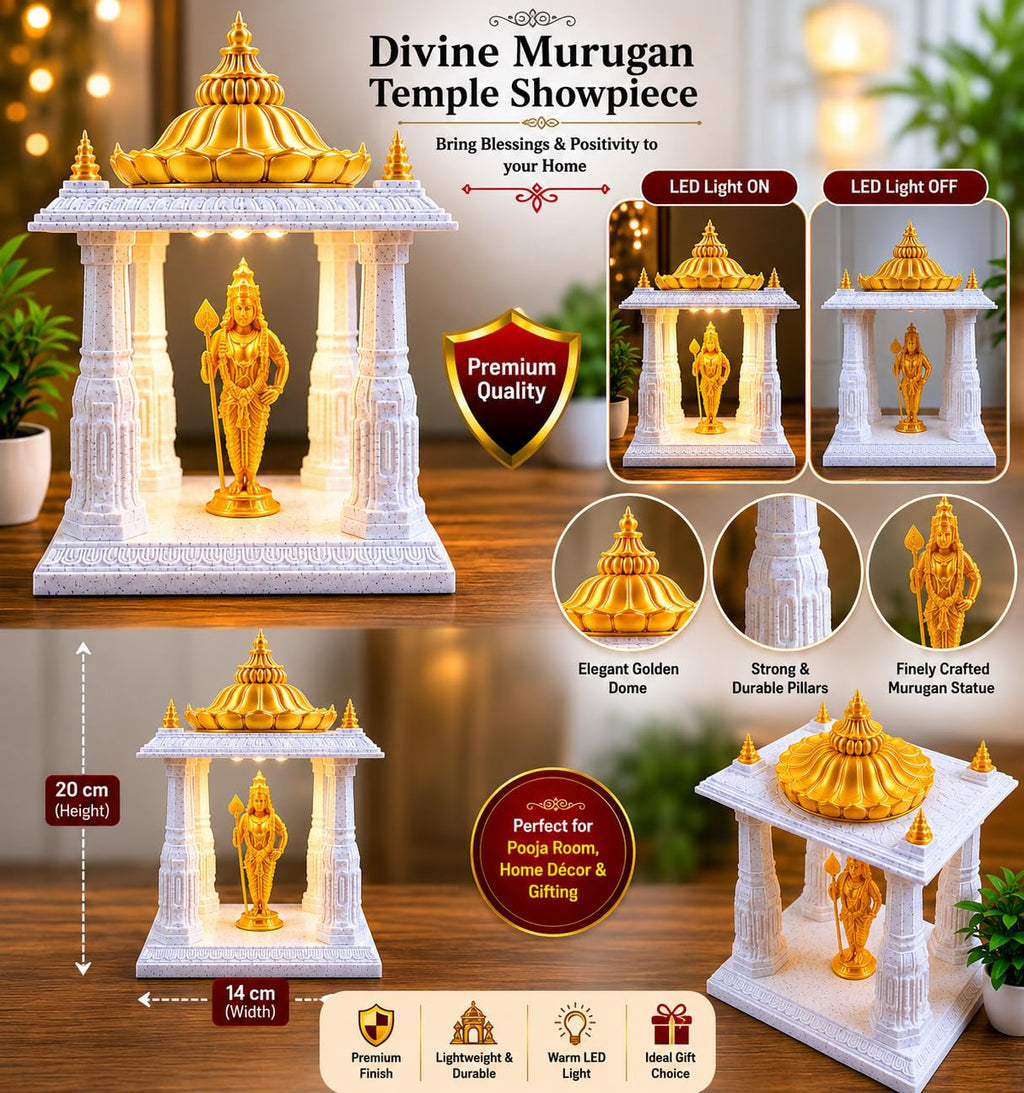 Divine Murugan Temple Showpiece with Warm LED Light, Marble White & Gold, 20 cm Height, for Pooja Room & Home Decor | Vmax3D