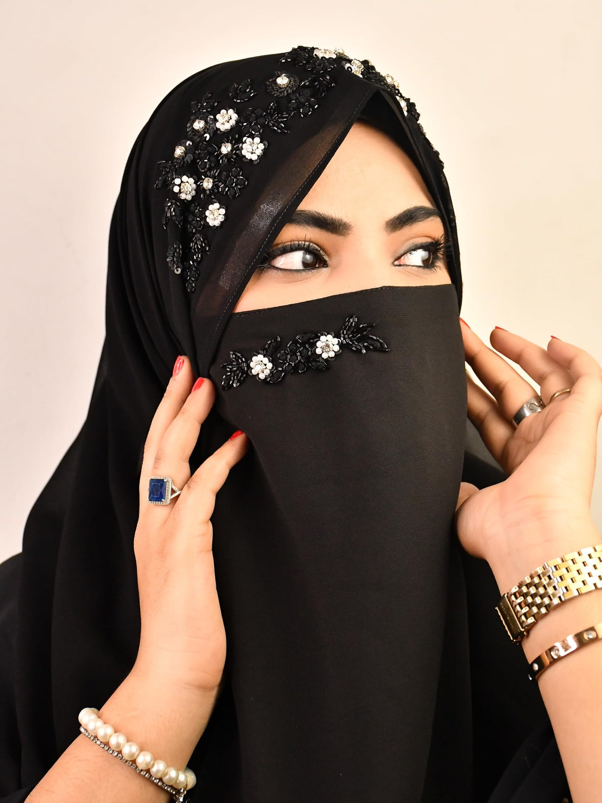 WRAP MY HIJAB Georgette Luxury Bridal Hijab Scarf for Female With Handwork Naqab Wear For Party And Any Occasion (Pack Of 1), Black