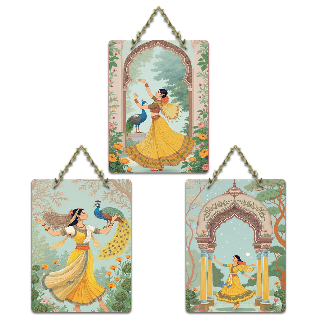 Artvibes Women Dancing Ancient Royal Art Wooden Decoration Item for Home | Art For Wall | Wall Sculpture | Signs & Plaques | Festive Decor | Wall Illustrations | Gift Items (WH_9616N), Set of 3