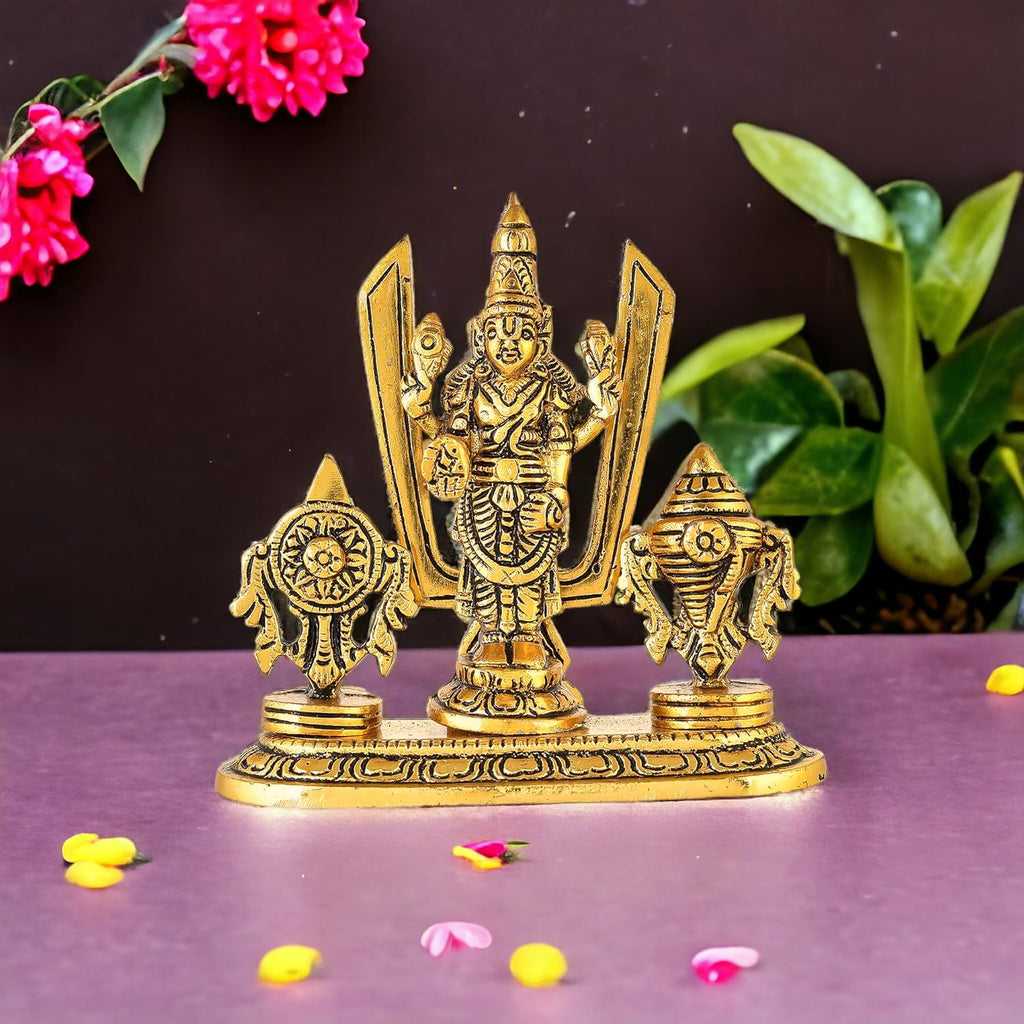 KridayKraft Lord Tirupati Balaji Venkateswara Swami with Shank chakar Tilak Namah Gold Plating Antique Decorative for Car Dashboard Home & Office Table Showpiece Figurines