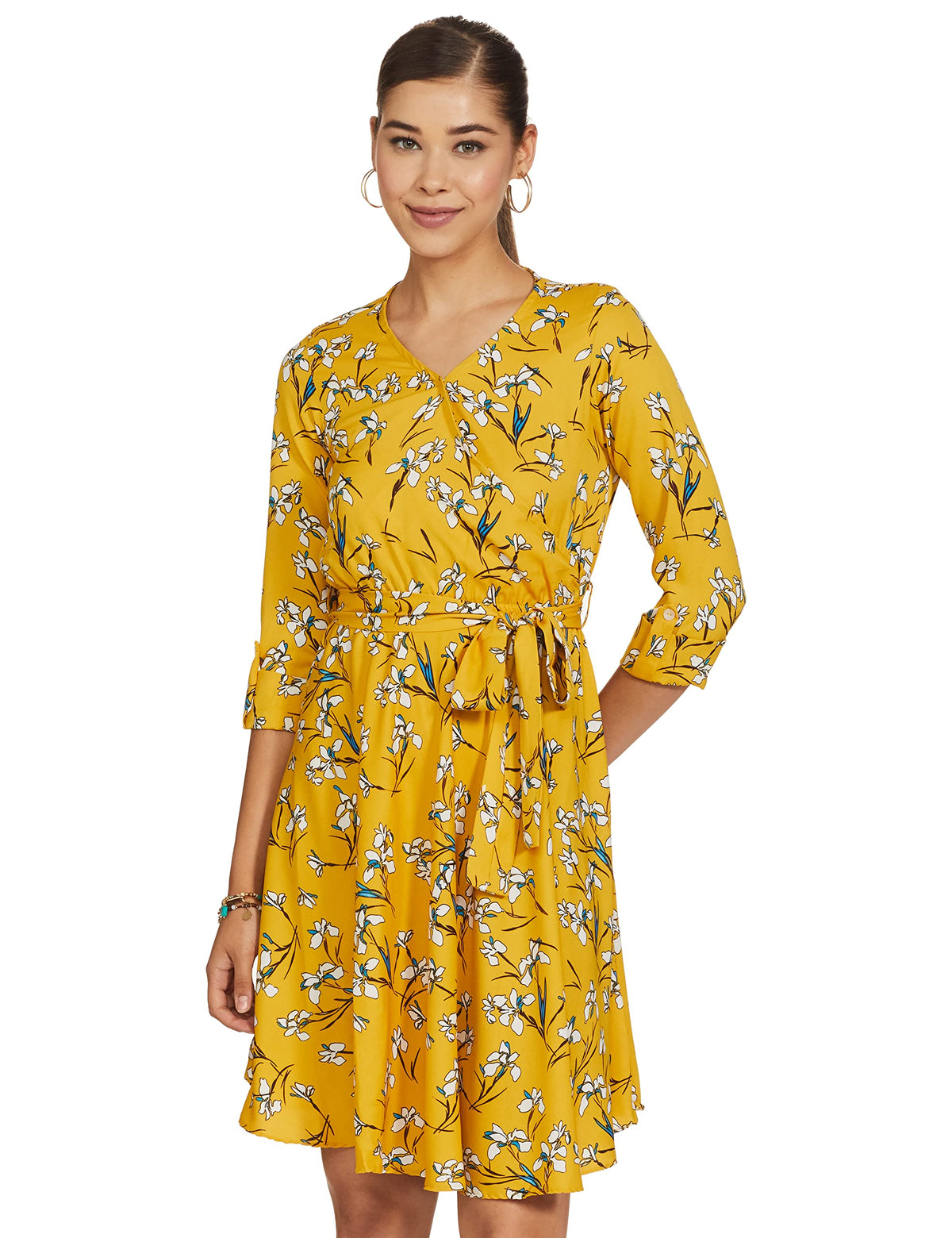 Miss Olive Women's Wrap Knee-Long Dress (MOAW18D30-25-29_Yellow_Medium)