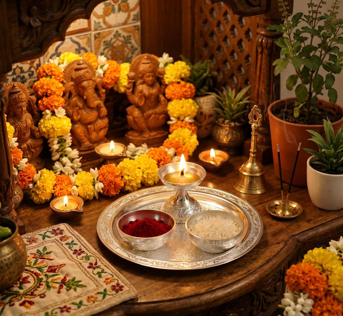 KridayKraft Silver Plated Pooja Thali Set with Swastik Design - Includes Diya and 2 Bowls for Puja, Diwali, and Gifting (19 cm Plate, 110g)