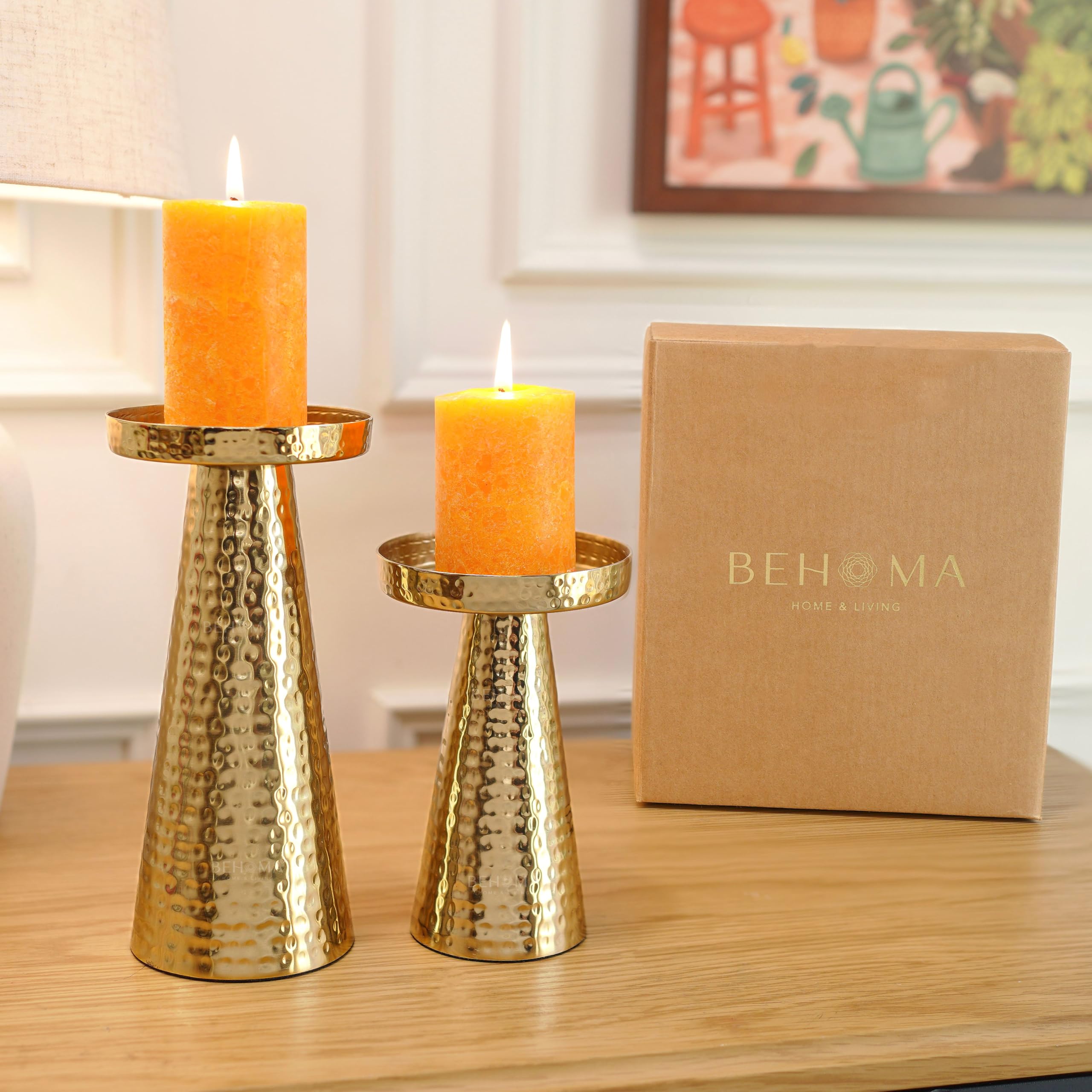 Behoma Hammered Large Metal Set of 2 Pillar Candle Holder with Gift Box