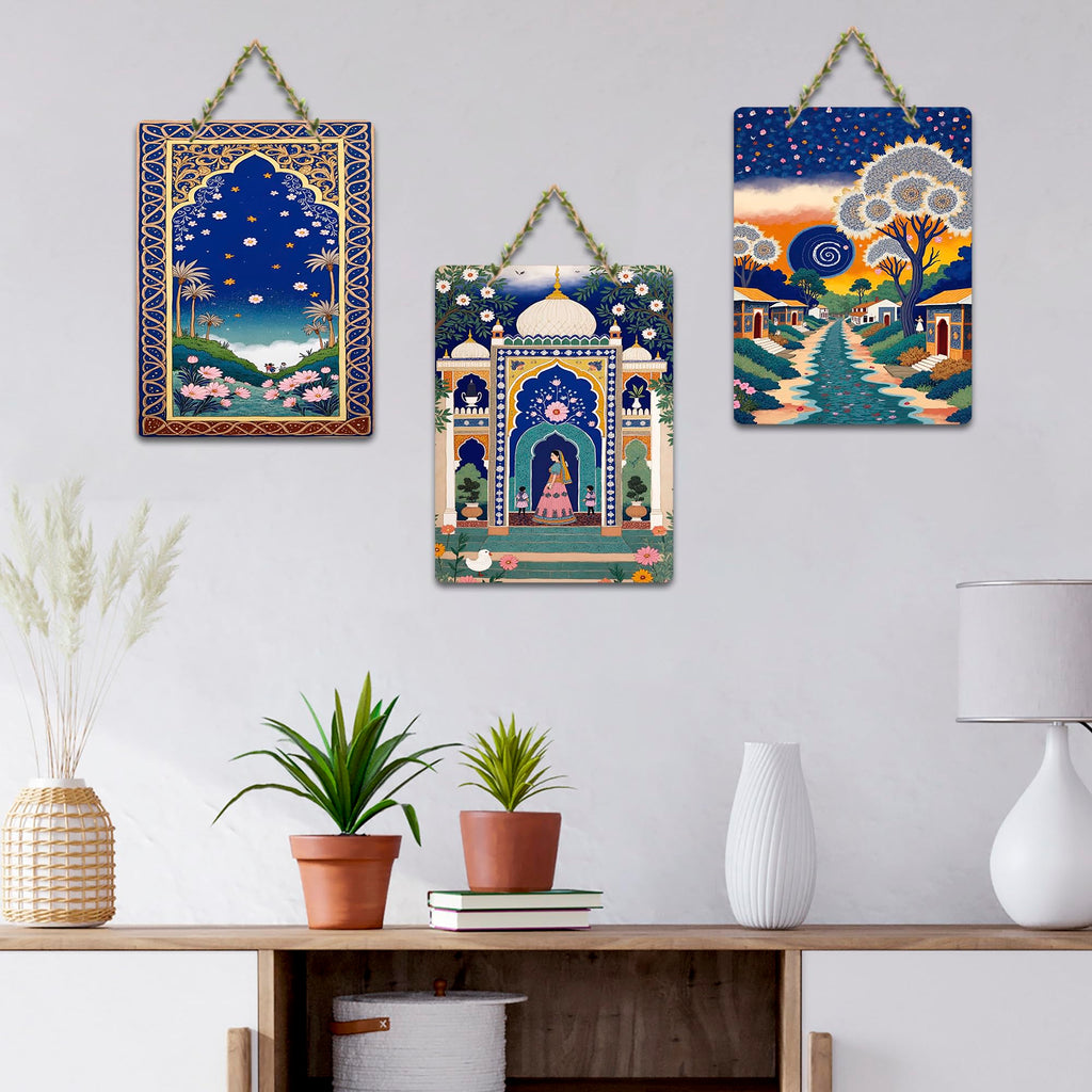 Artvibes Royal Palace Lotus Garden & Starry Night Village Scene Decorative Wall Art MDF Wooden Wall Hanger for Living Room | Home Decor | Wall Accent | Wall Poster | Ideal Gifts (WH_9657N), Set of 3