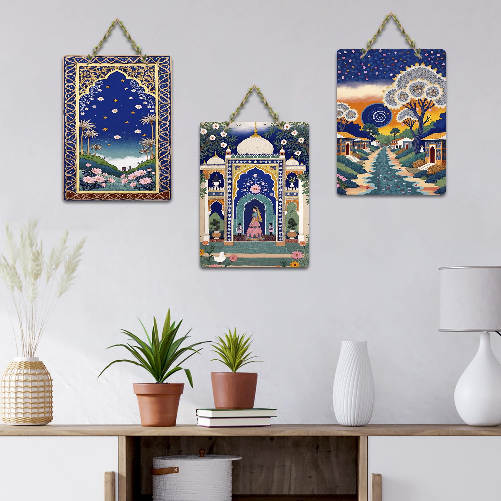 Artvibes Royal Palace Lotus Garden & Starry Night Village Scene Decorative Wall Art MDF Wooden Wall Hanger for Living Room | Home Decor | Wall Accent | Wall Poster | Ideal Gifts (WH_9657N), Set of 3