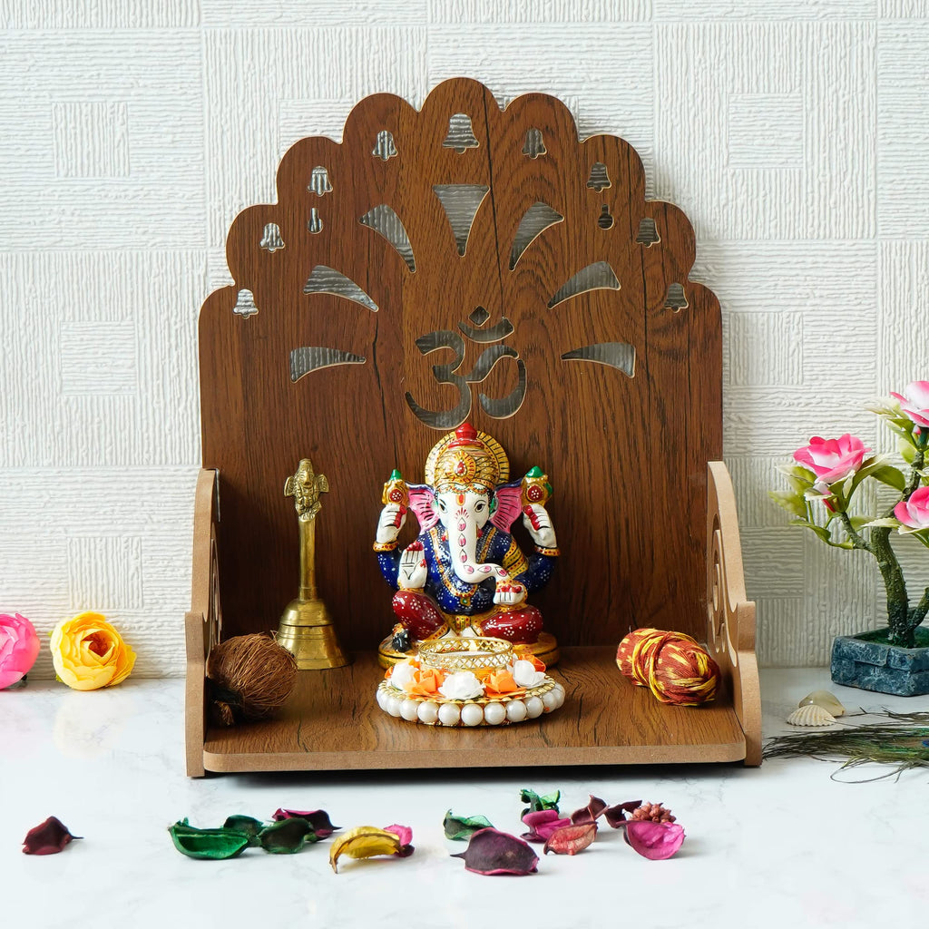 eCraftIndia Om Bells Design Wooden Temple for Home Office | Home Temple Pooja Mandir | Small Temple Gift for Diwali Housewarming