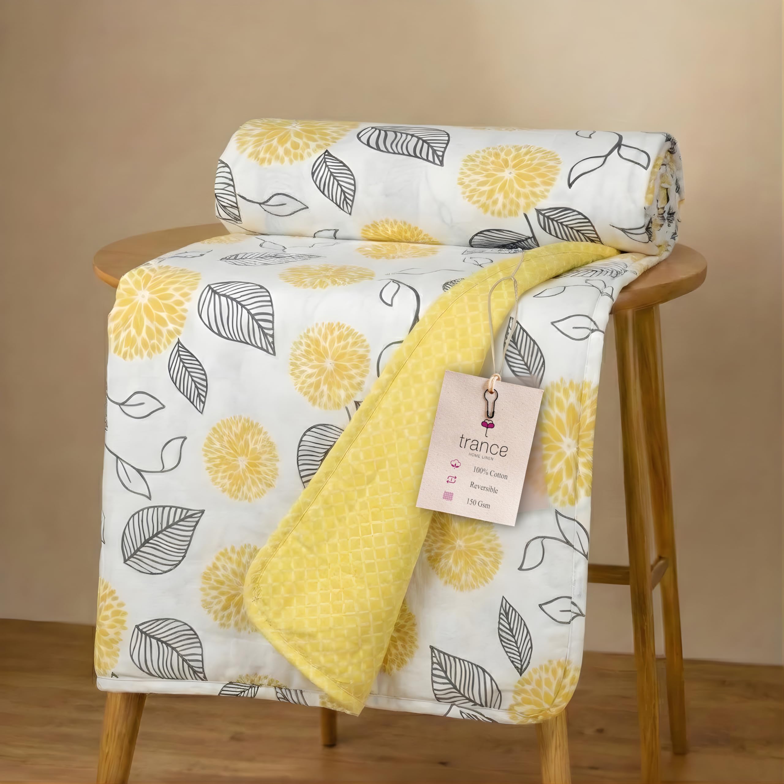 Trance Home Linen Premium 100% Cotton Dohar for Double Bed | 150 GSM | Reversible Ac Comforter | Light Weight All Season Soft Blanket (84x88 Inches | Yellow White Abstract) Kafalo