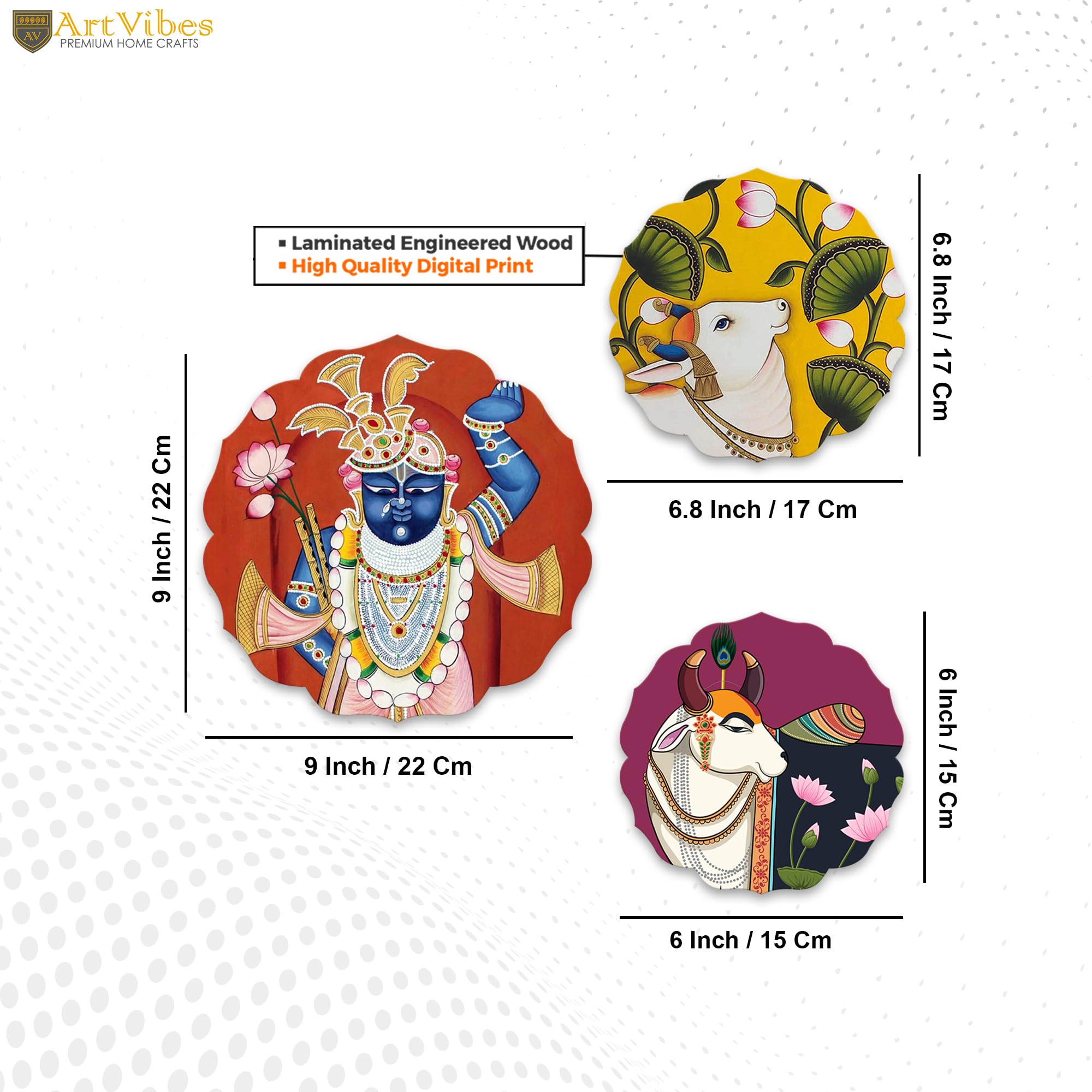 Artvibes Shrinath Ji & Cow Pichwai Art Round Shape MDF Wooden Wall Decor Items | Living Room | Handcrafted Art | Wall Poster | Aesthetic Wooden Decor | Art Print | Unique Gift (WH_8805N), Set of 3