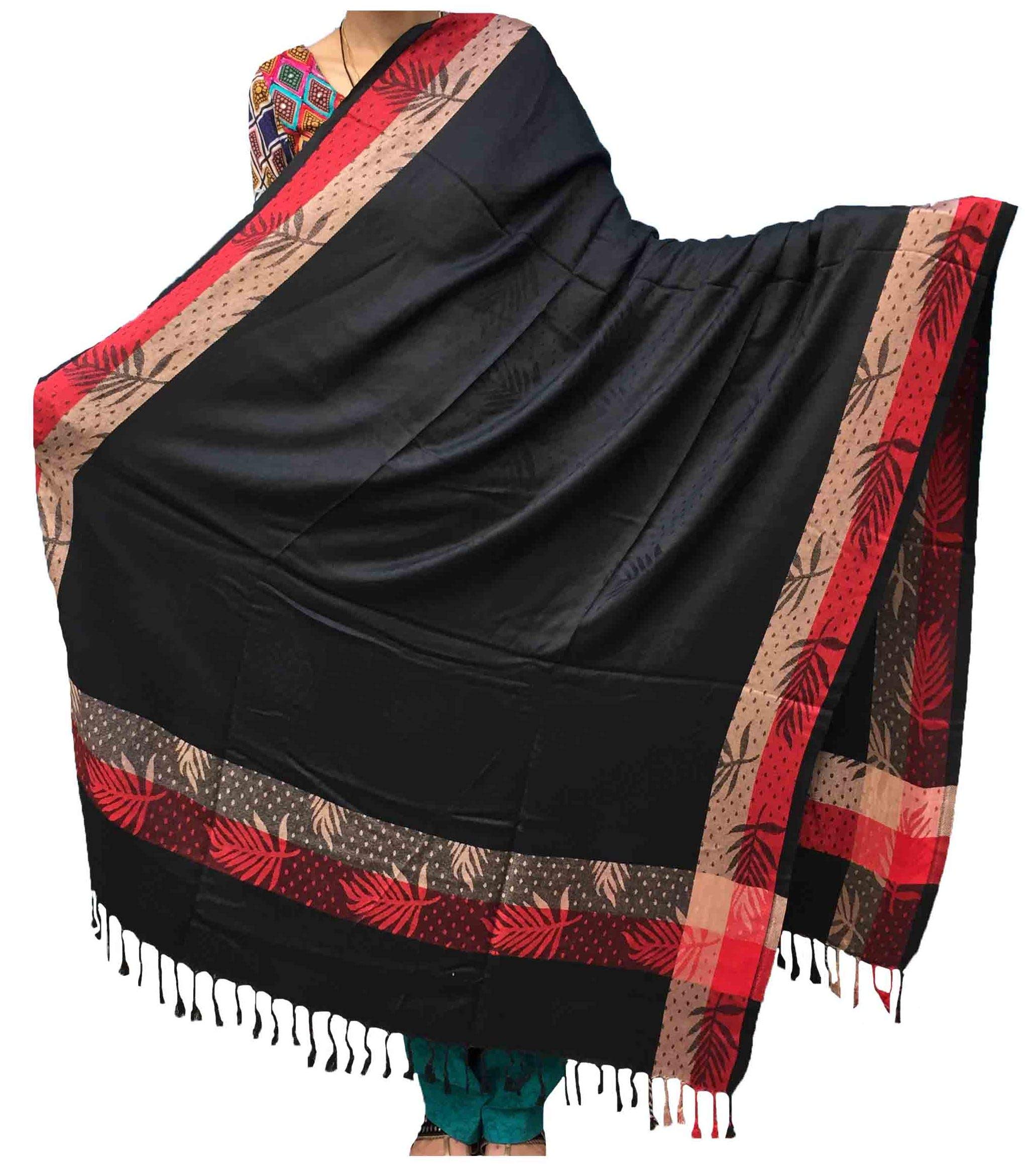 Varun Cloth House Women's Woollen Bordered Embellished Shawl (vch3813_Black_Free Size)