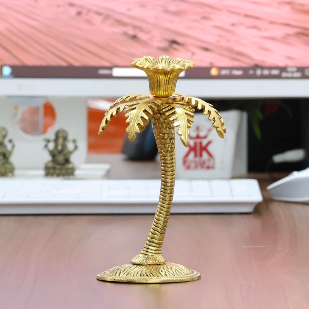 KridayKraft Metal Gold Plated (Palm) Khajur Candle Holder for Home Hotal Decor Candle Stand Tree Statue for Candle Light Dinner & Dining Table Decorative Showpiece for Decoration & Gift Purpose...