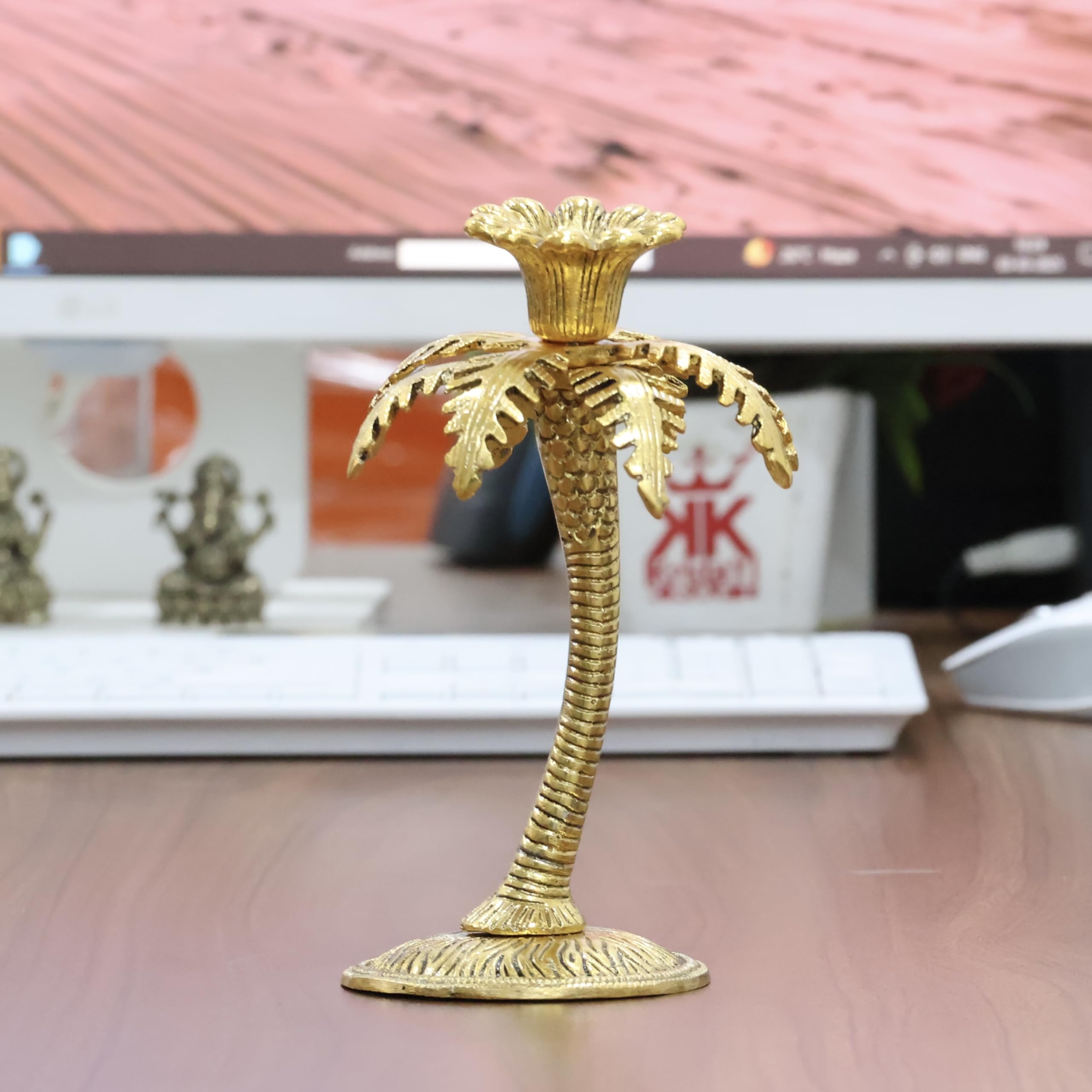 KridayKraft Metal Gold Plated (Palm) Khajur Candle Holder for Home Hotal Decor Candle Stand Tree Statue for Candle Light Dinner & Dining Table Decorative Showpiece for Decoration & Gift Purpose...