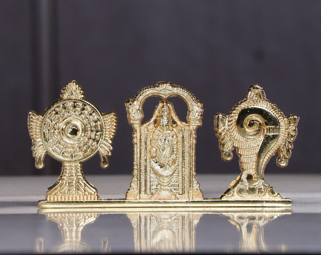 KridayKraft Tirupati Balaji Symbol Stand Shankh Chakra with Balaji Statue Gold Plating Antique Decorative for Car Dashboard Home & Office Table Showpiece Figurines,Religious Gift Idol, 5 x 1 Cm
