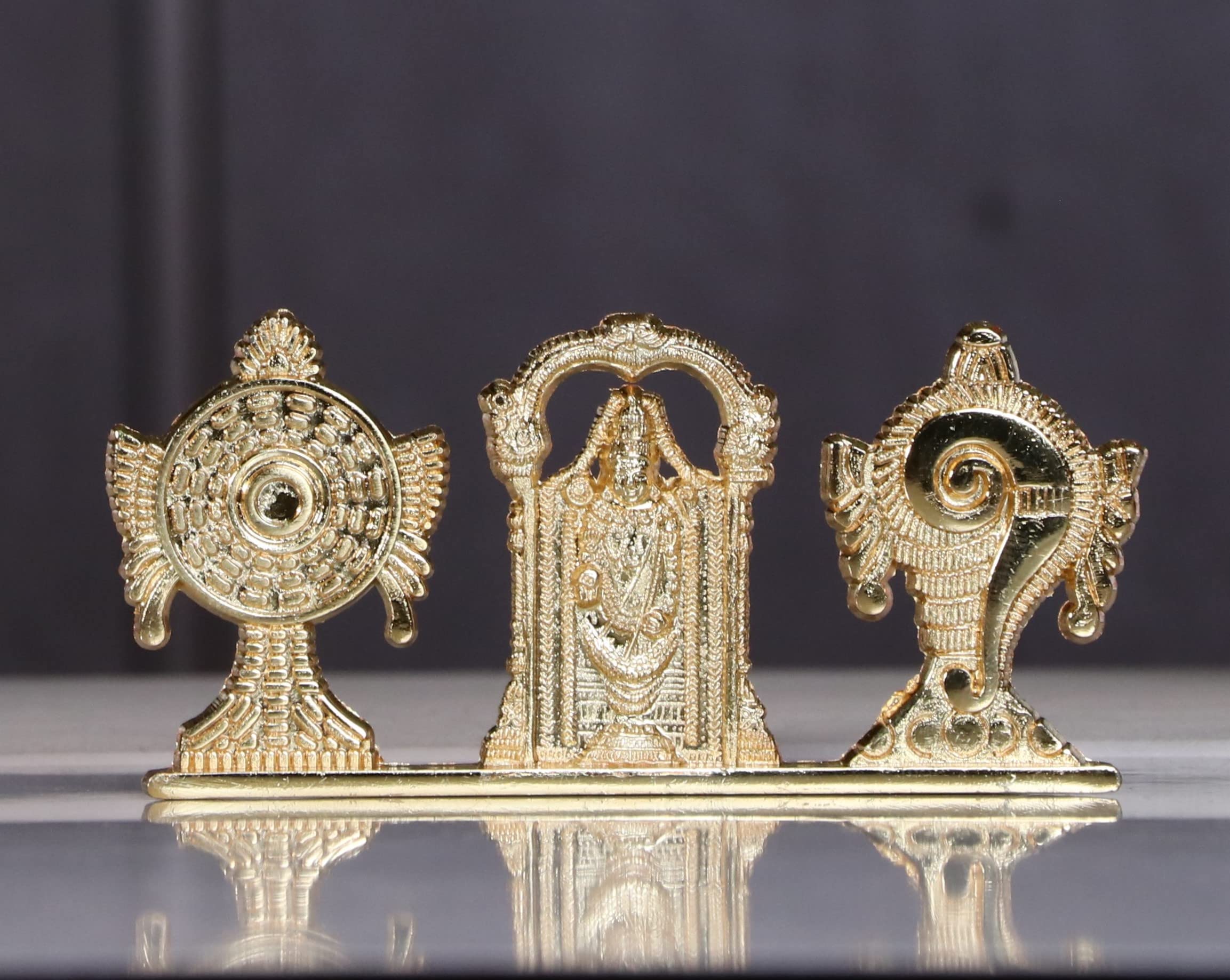 KridayKraft Tirupati Balaji Symbol Stand Shankh Chakra with Balaji Statue Gold Plating Antique Decorative for Car Dashboard Home & Office Table Showpiece Figurines,Religious Gift Idol, 5 x 1 Cm