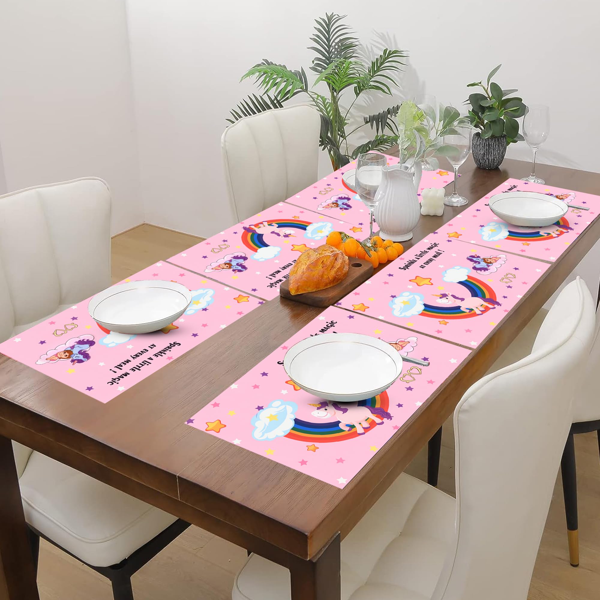 PRAKARTIK BY INDUARTS Dining Cloth Table Mats Set of 6 - Unicorn Girly Theme,Digital Print, Washable, Indoor/Outdoor, Heat-Proof, Water Resistant, Wipe & Clean (47X33 cm) Pink Kafalo