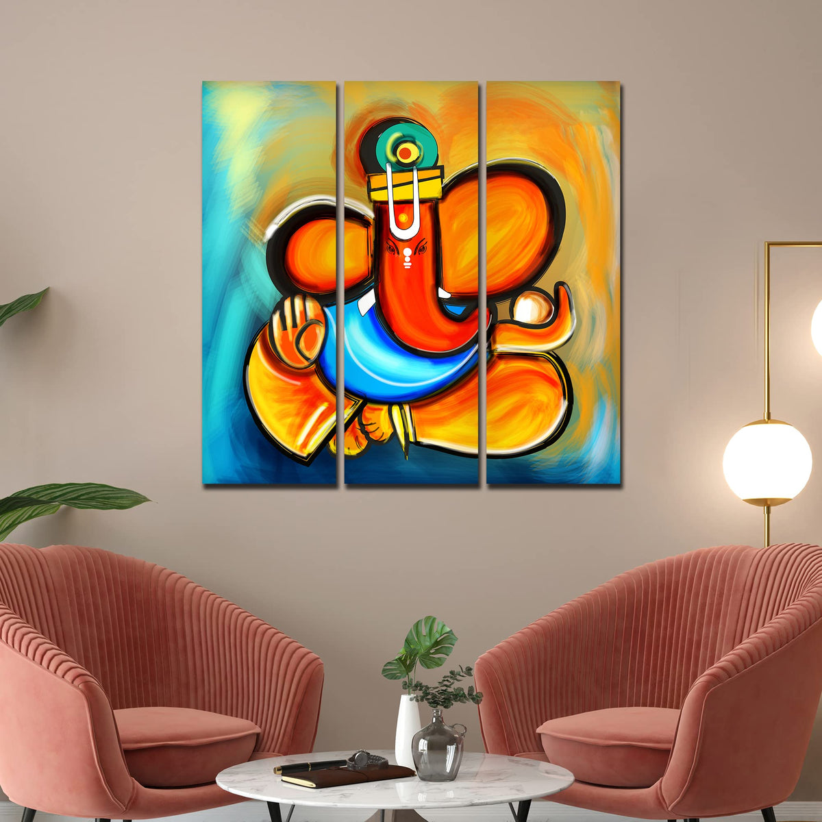 VIBECRAFTS 3 Pieces Shree Ganesha Canvas Wall Painting Fitted With Wooden Frame For Home | Office | Living Room | Gifts (PTVC3Pcs1_9529)